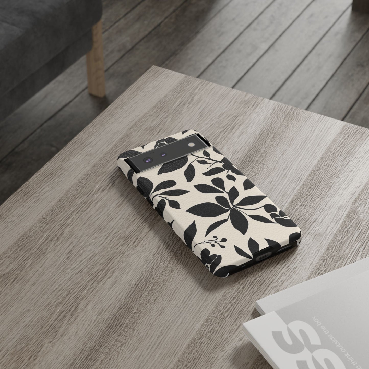 Black Floral Pattern Phone Case — Monochrome Botanical Tough Case