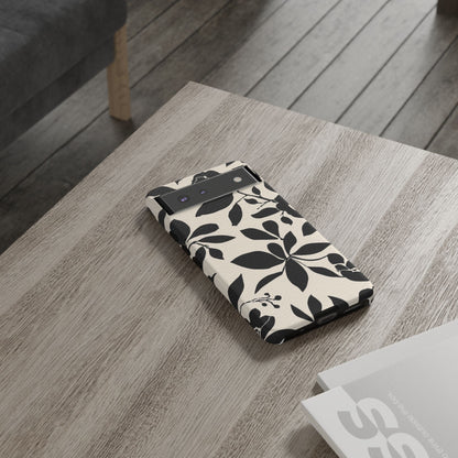Black Floral Pattern Phone Case — Monochrome Botanical Tough Case