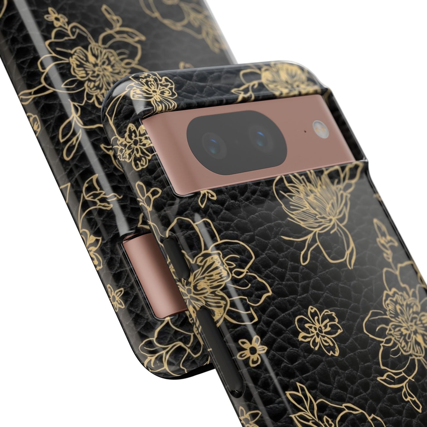 Floral Leather Phone Case — Gold Outline Flowers on Black Tough Case