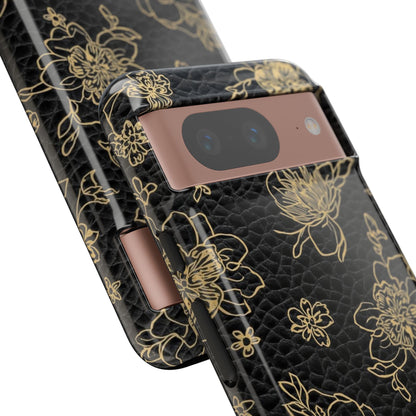 Floral Leather Phone Case — Gold Outline Flowers on Black Tough Case