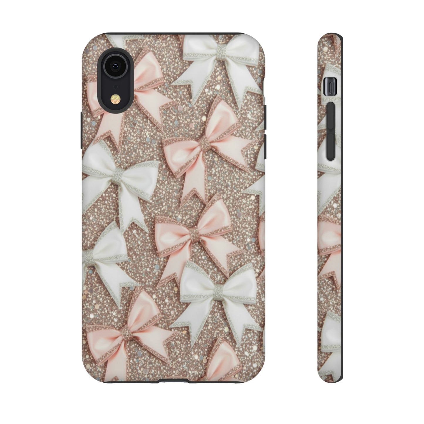 Glitter Bow Tough Phone Case — Pink & White Ribbon Protective Cover