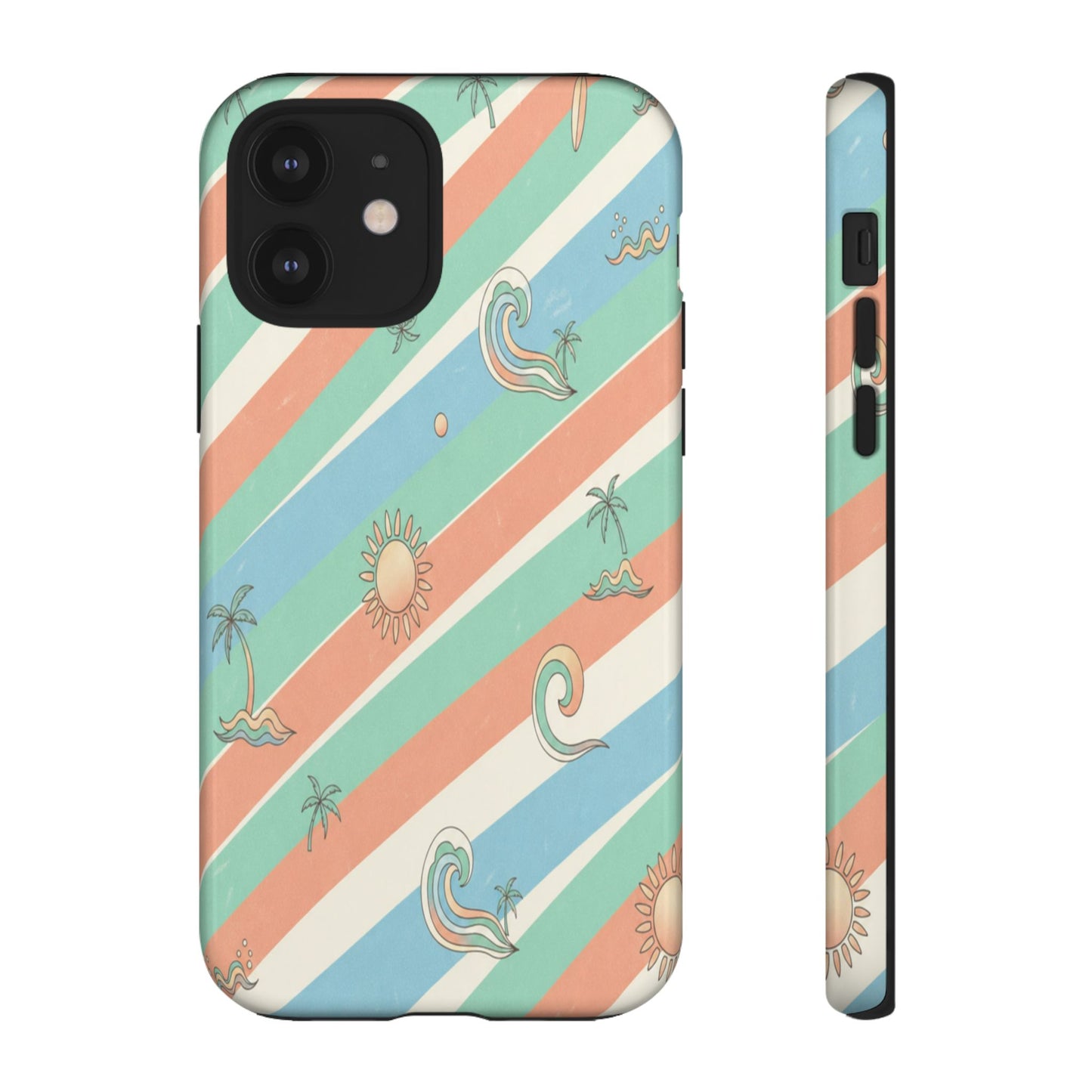 Retro Beach Stripes Phone Case — Sun, Waves & Palm Pattern Tough Case