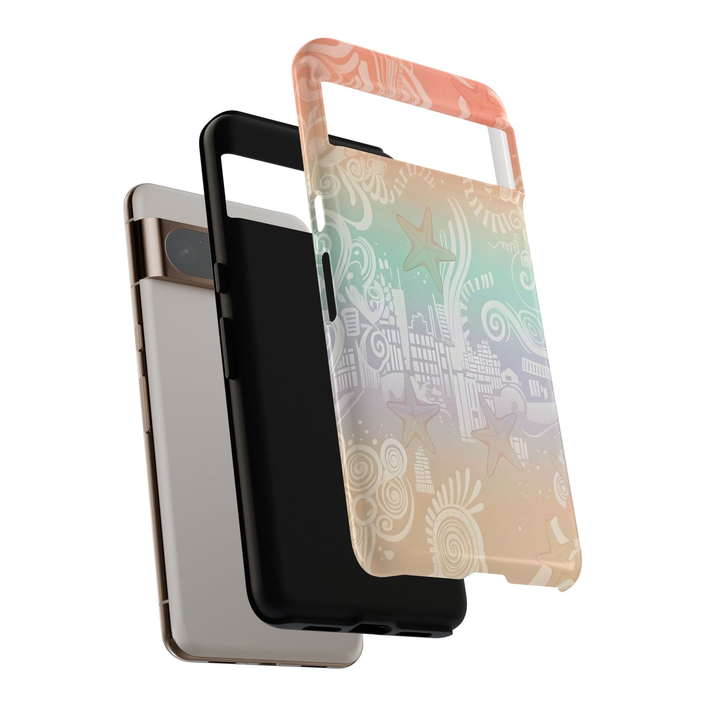 Tough Cases: Pastel Beach Pattern Phone Case — Starfish & Coastal Cityscape Protective Cover
