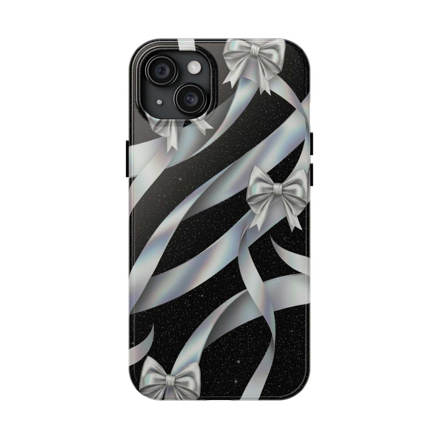 Silver Ribbon Bow Tough Phone Case — Glitter Black Protective Phone Case