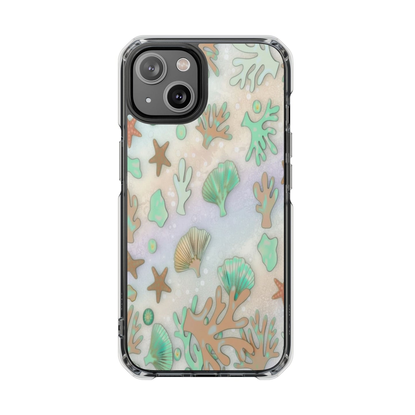 Clear Magnetic Phone Case — Iridescent Ocean Shells & Coral Design