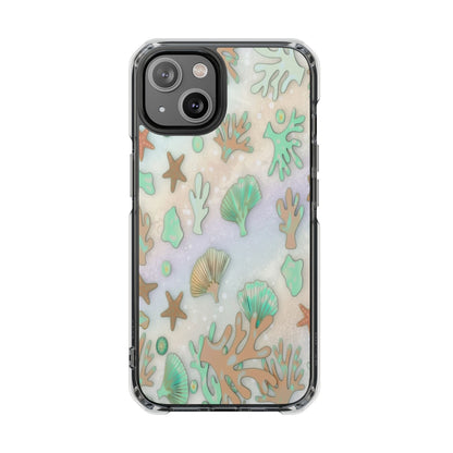 Clear Magnetic Phone Case — Iridescent Ocean Shells & Coral Design