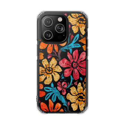 Clear Magnetic Phone Case — Retro Floral Pattern (Impact-Resistant)