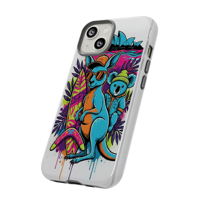Kangaroo & Koala Surf Phone Case — Retro Neon Beach Art Tough Case