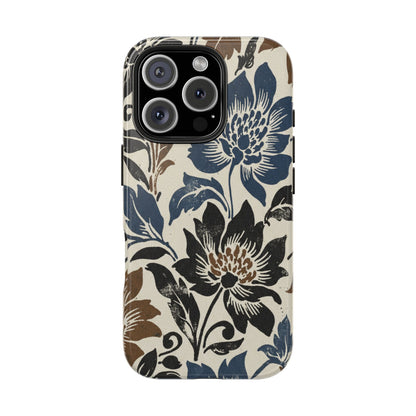 Floral Vintage Tough Phone Case — Blue & Brown Botanical Protection