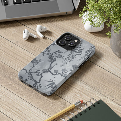 Tough Phone Case — Gray Cherry Blossom Ink Floral Design