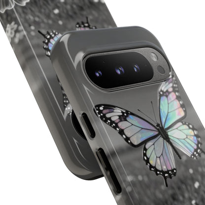 Butterfly Field Tough Phone Case — Pastel Holographic Butterfly on Black & White Floral Background