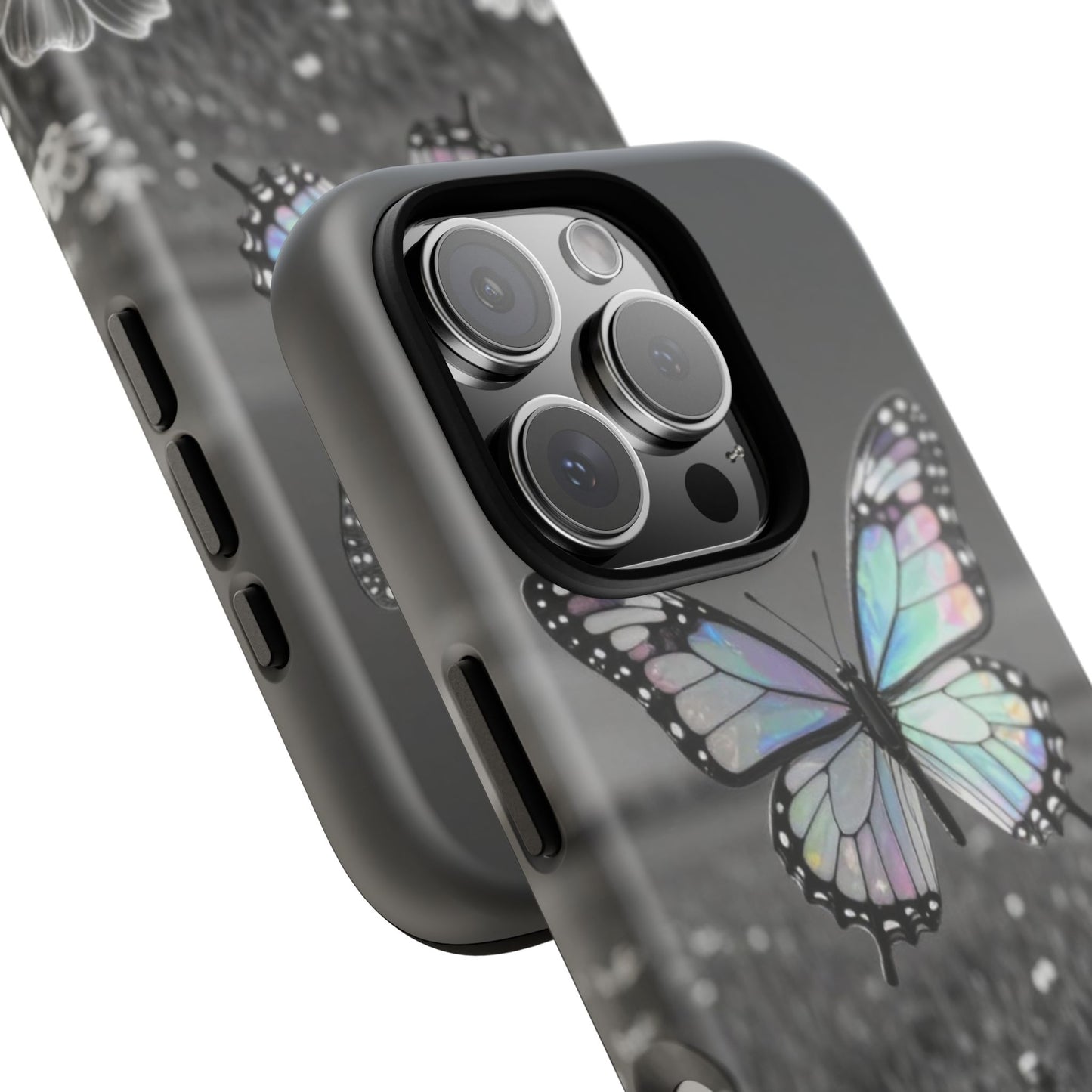 Butterfly Field Tough Phone Case — Pastel Holographic Butterfly on Black & White Floral Background