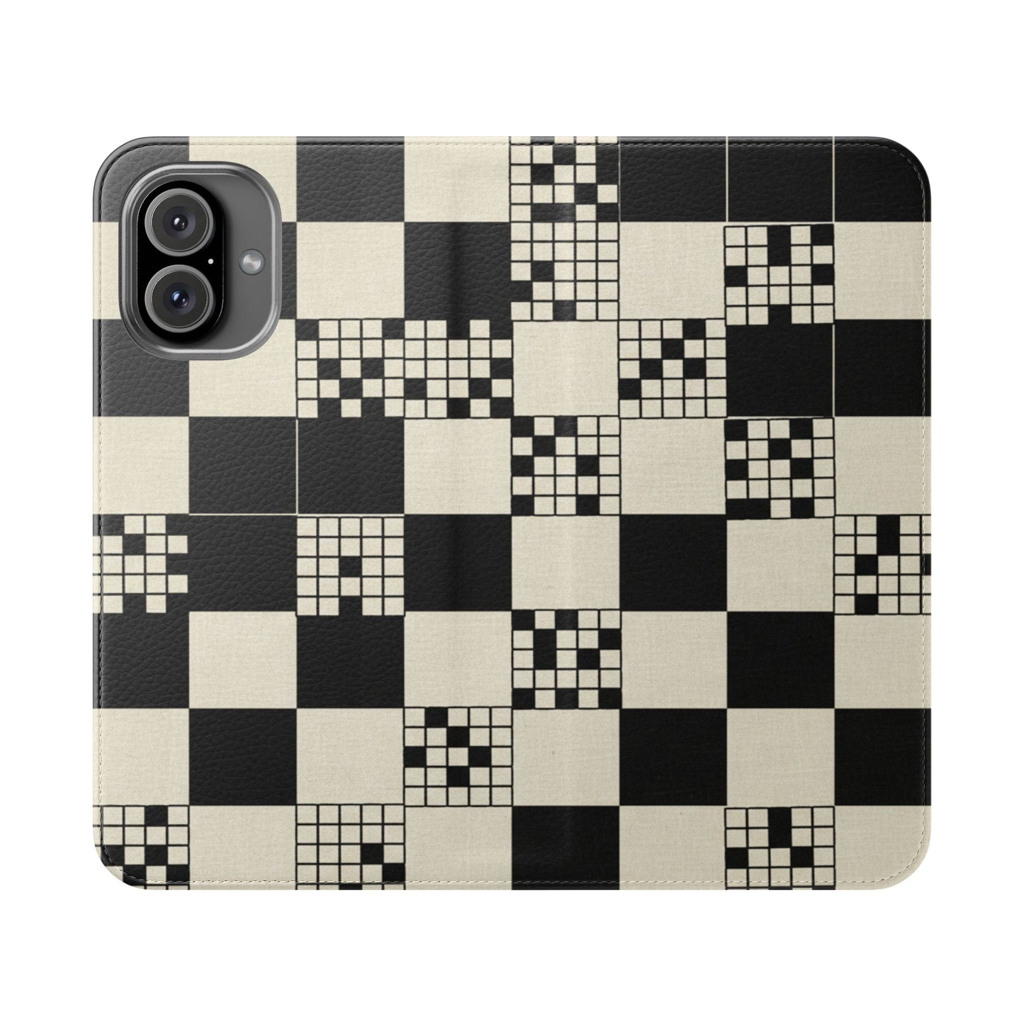 Checkerboard Flip Phone Case – Retro Black & Cream Geometric Wallet Case