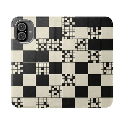 Checkerboard Flip Phone Case – Retro Black & Cream Geometric Wallet Case