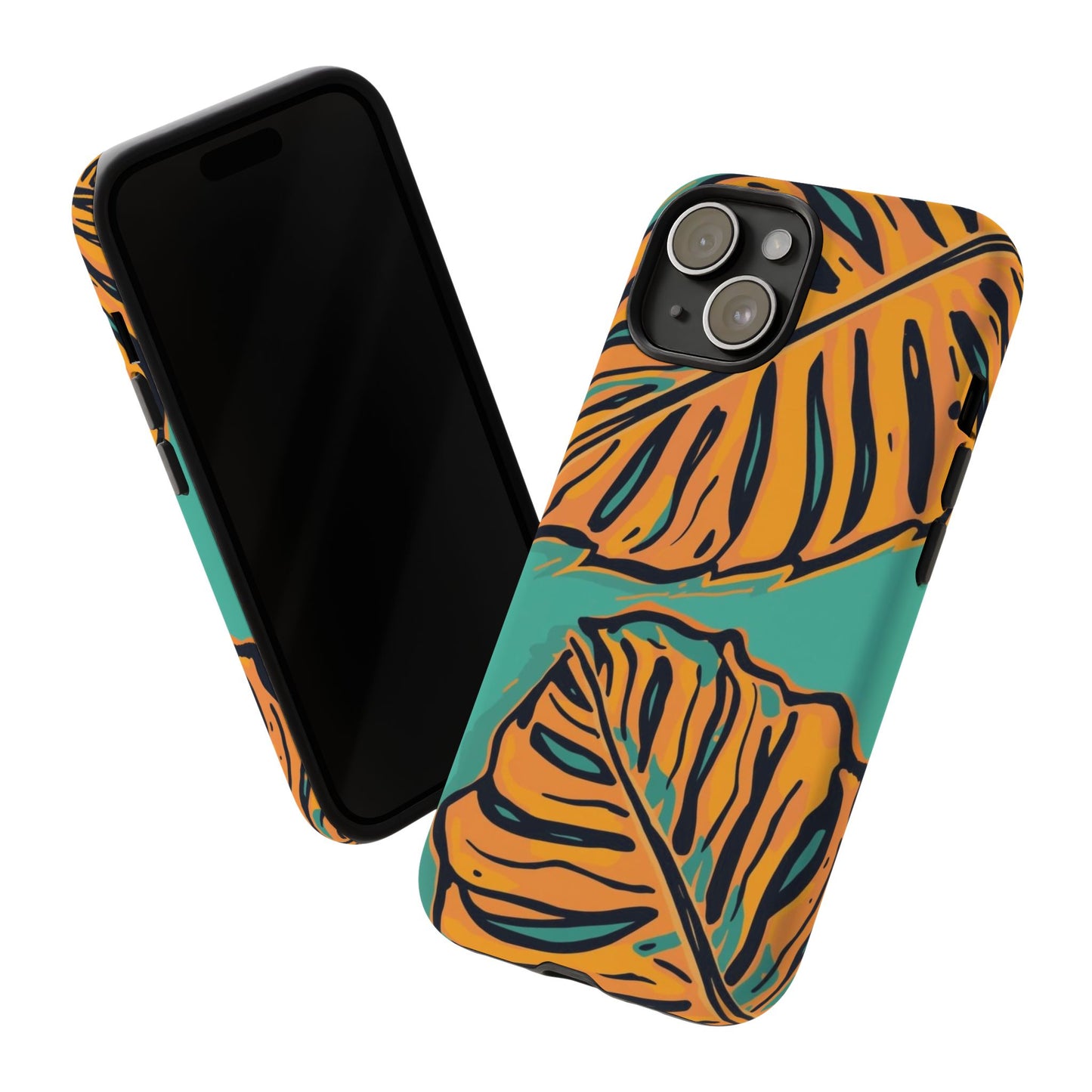 Tropical Leaf Tough Phone Case — Orange Monstera Design on Teal