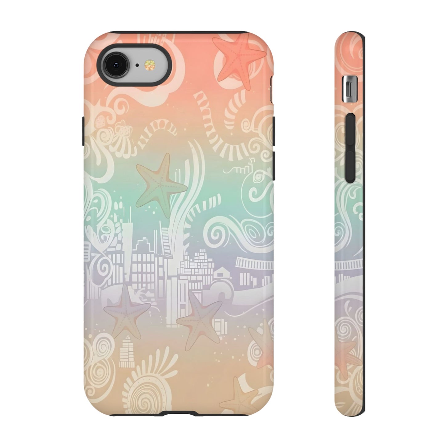 Tough Cases: Pastel Beach Pattern Phone Case — Starfish & Coastal Cityscape Protective Cover