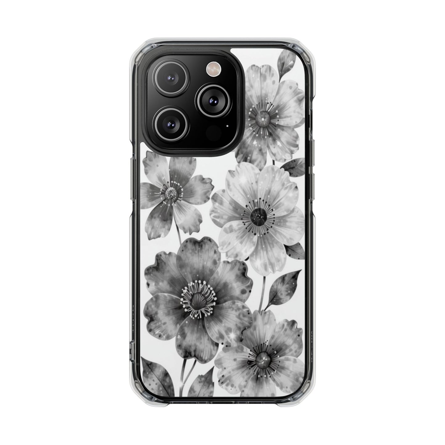 Clear Magnetic Phone Case — Black & White Watercolor Floral Design
