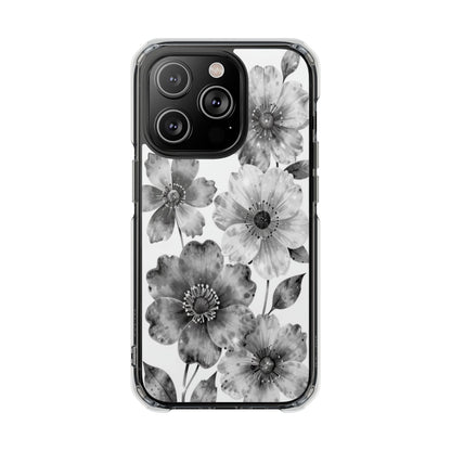 Clear Magnetic Phone Case — Black & White Watercolor Floral Design