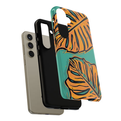 Tropical Leaf Tough Phone Case — Orange Monstera Design on Teal