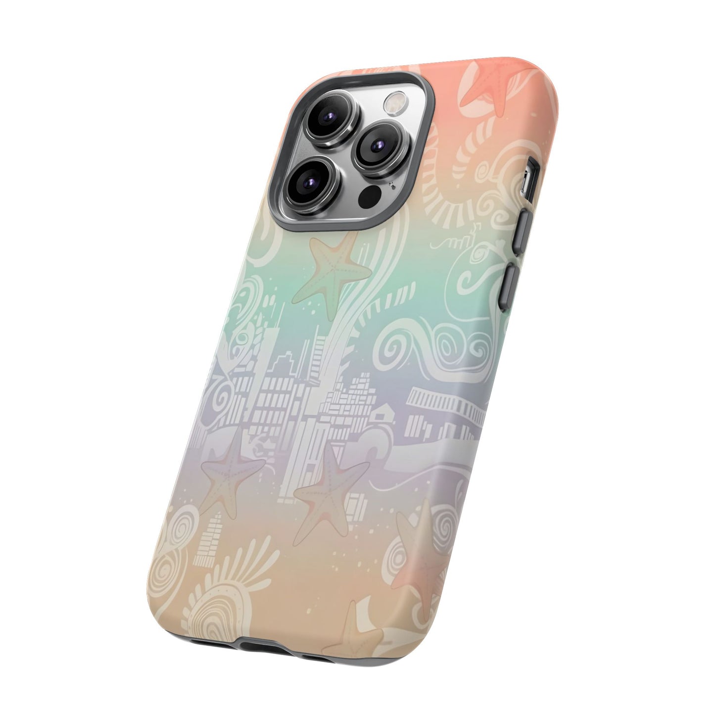 Tough Cases: Pastel Beach Pattern Phone Case — Starfish & Coastal Cityscape Protective Cover