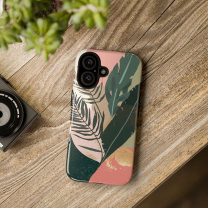 Tropical Leaf Tough Phone Case — Abstract Pink & Green Botanical Protective Cover