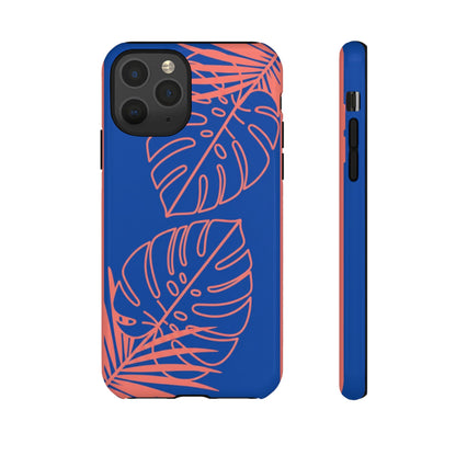 Tropical Monstera Phone Case — Blue & Coral Leaf Protective Cover