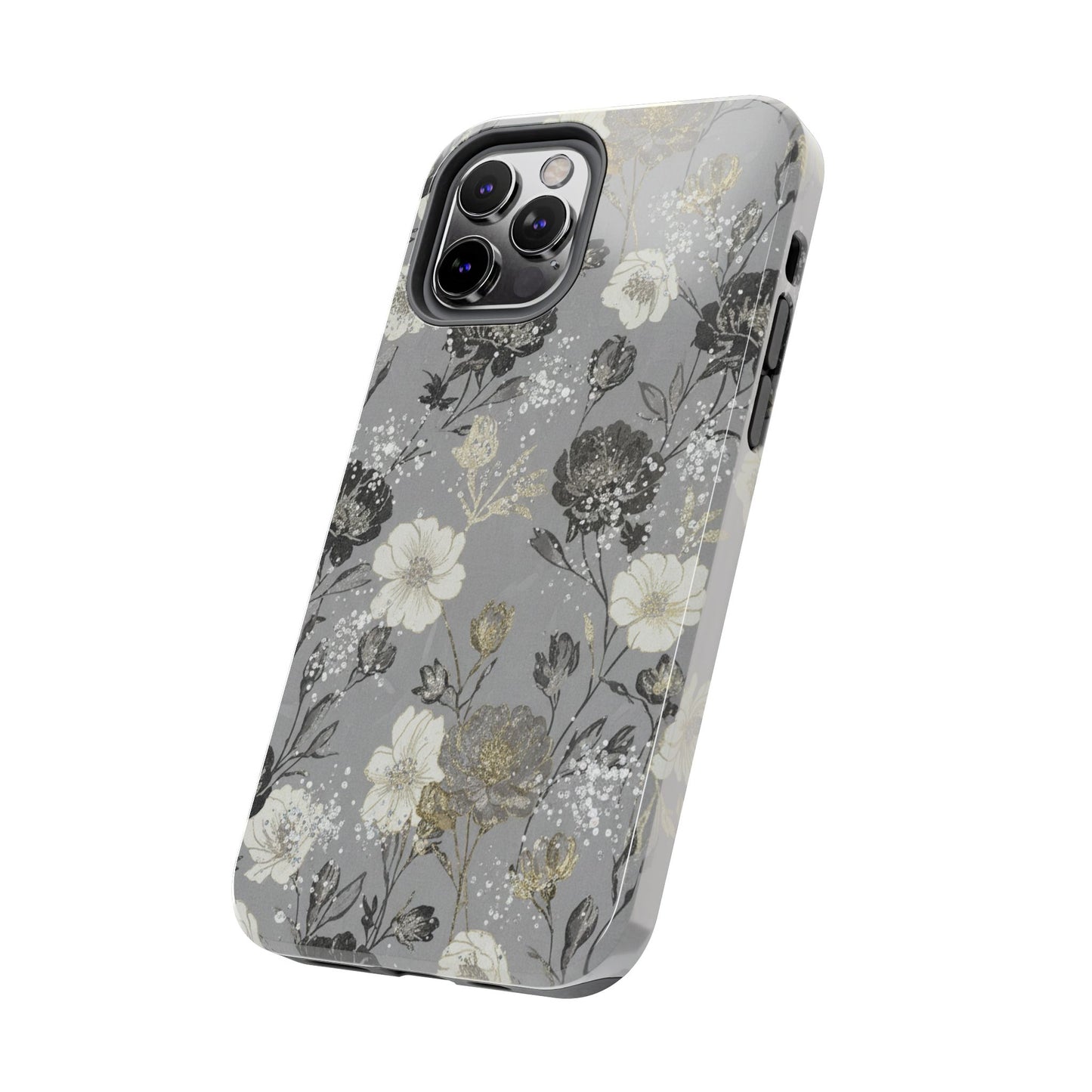 Floral Gray Tough Phone Case — Elegant Protective Phone Cover with Gold Accent