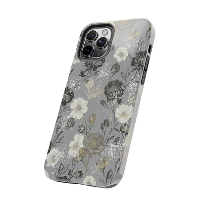 Floral Gray Tough Phone Case — Elegant Protective Phone Cover with Gold Accent