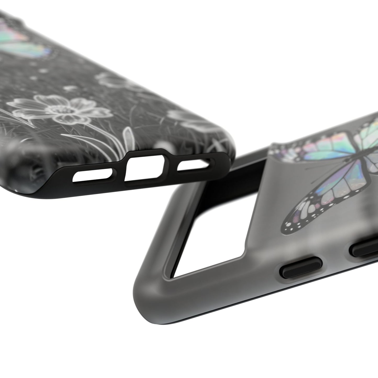 Butterfly Field Tough Phone Case — Pastel Holographic Butterfly on Black & White Floral Background