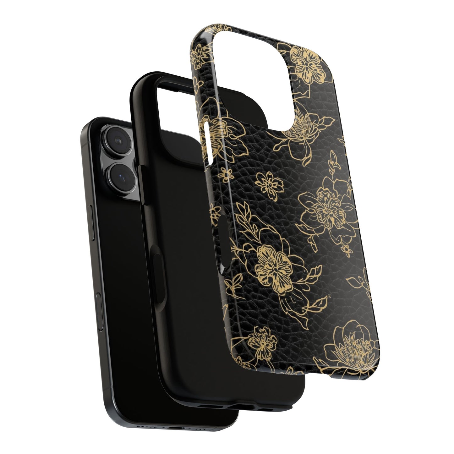 Floral Leather Phone Case — Gold Outline Flowers on Black Tough Case