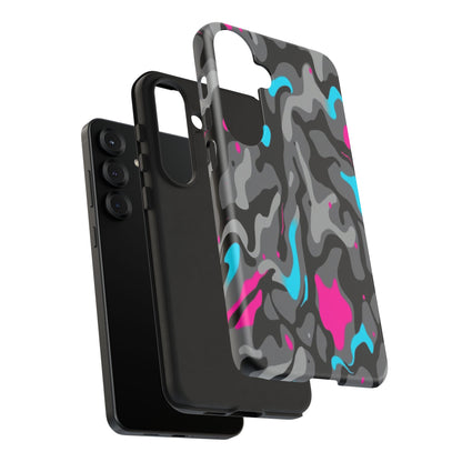 Camouflage Phone Case — Gray Camo with Neon Pink & Cyan Accent Tough Protective Cover