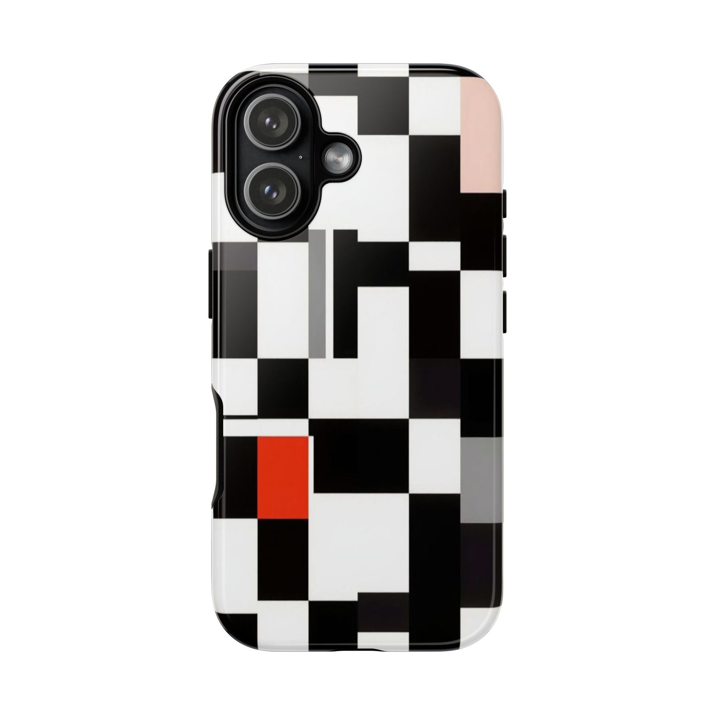 Abstract Geometric Phone Case – Black & White Checker Grid with Red Accent