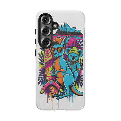 Kangaroo & Koala Surf Phone Case — Retro Neon Beach Art Tough Case