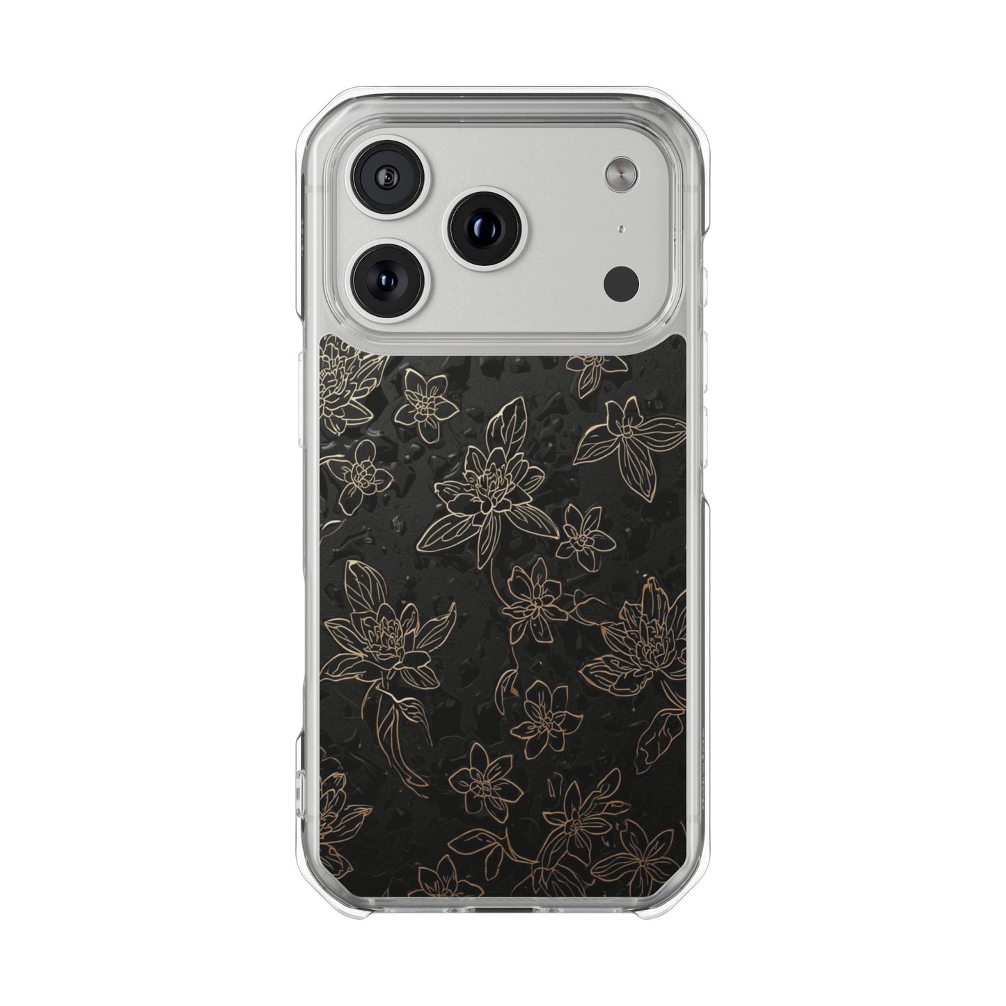 Clear Magnetic Impact Phone Case — Subtle Gold Floral Design