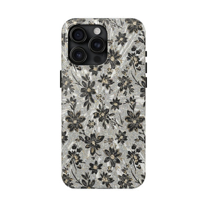 Floral Vintage Tough Phone Case — Black & Gray Rustic Flower Protective Case