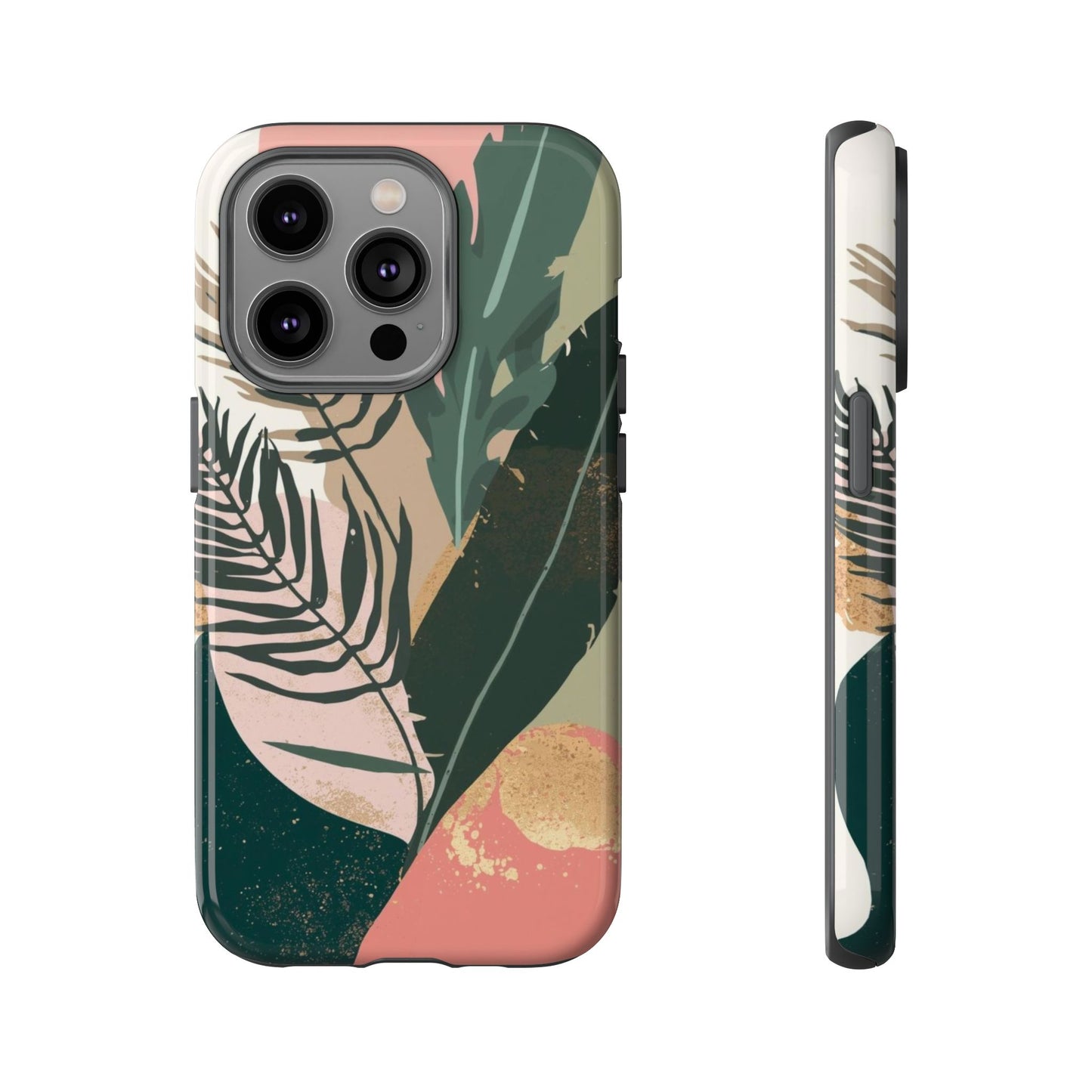 Tropical Leaf Tough Phone Case — Abstract Pink & Green Botanical Protective Cover