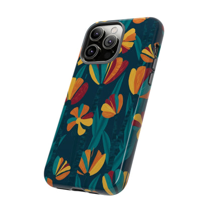 Floral Retro Teal Tough Phone Case — Vibrant Orange & Mustard Blooms