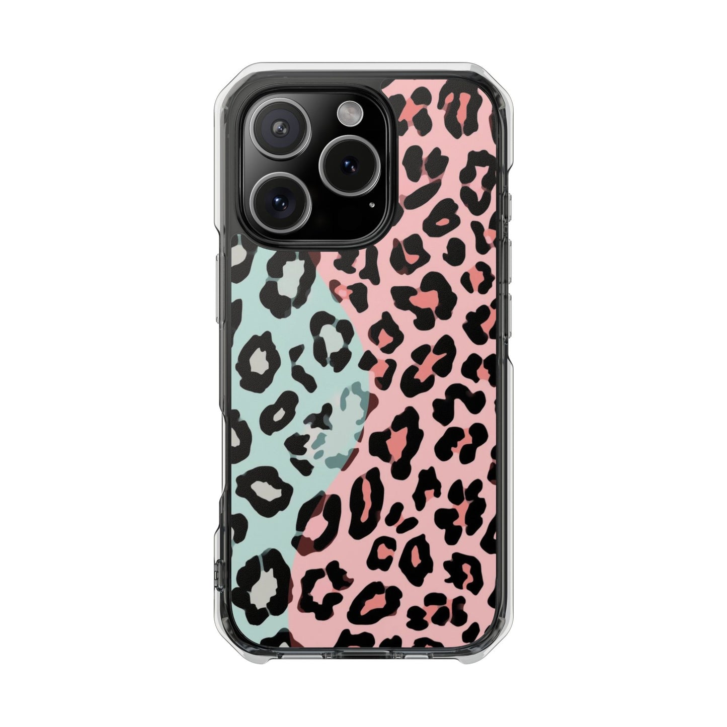 Clear Magnetic Phone Case — Pink & Mint Leopard Print
