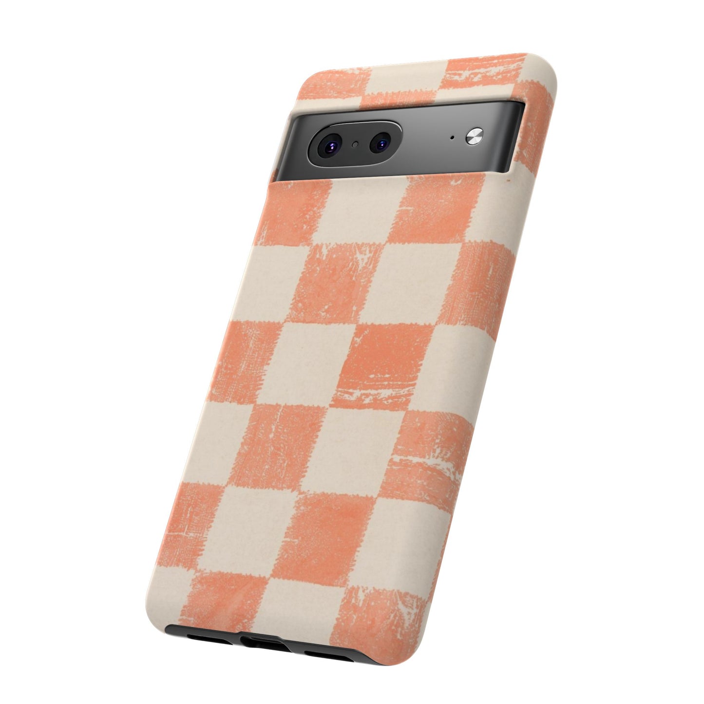 Peach Checkerboard Tough Phone Case — Retro Distressed Grid Design