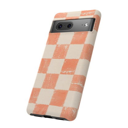 Peach Checkerboard Tough Phone Case — Retro Distressed Grid Design