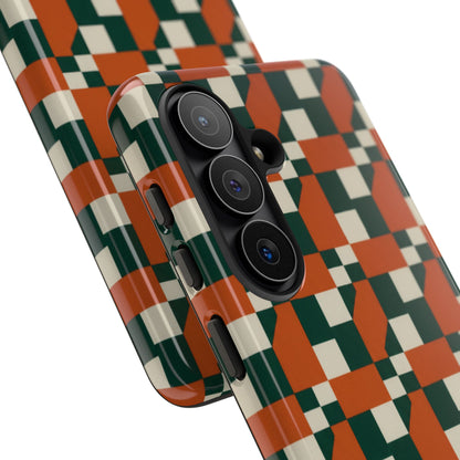 Geometric Checkerboard Phone Case — Retro Orange & Forest Green Tough Case