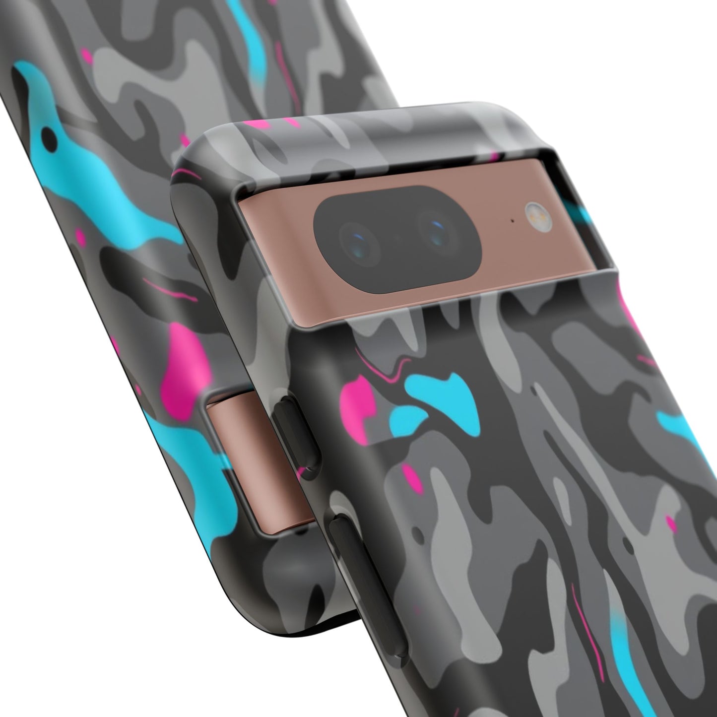 Camouflage Phone Case — Gray Camo with Neon Pink & Cyan Accent Tough Protective Cover