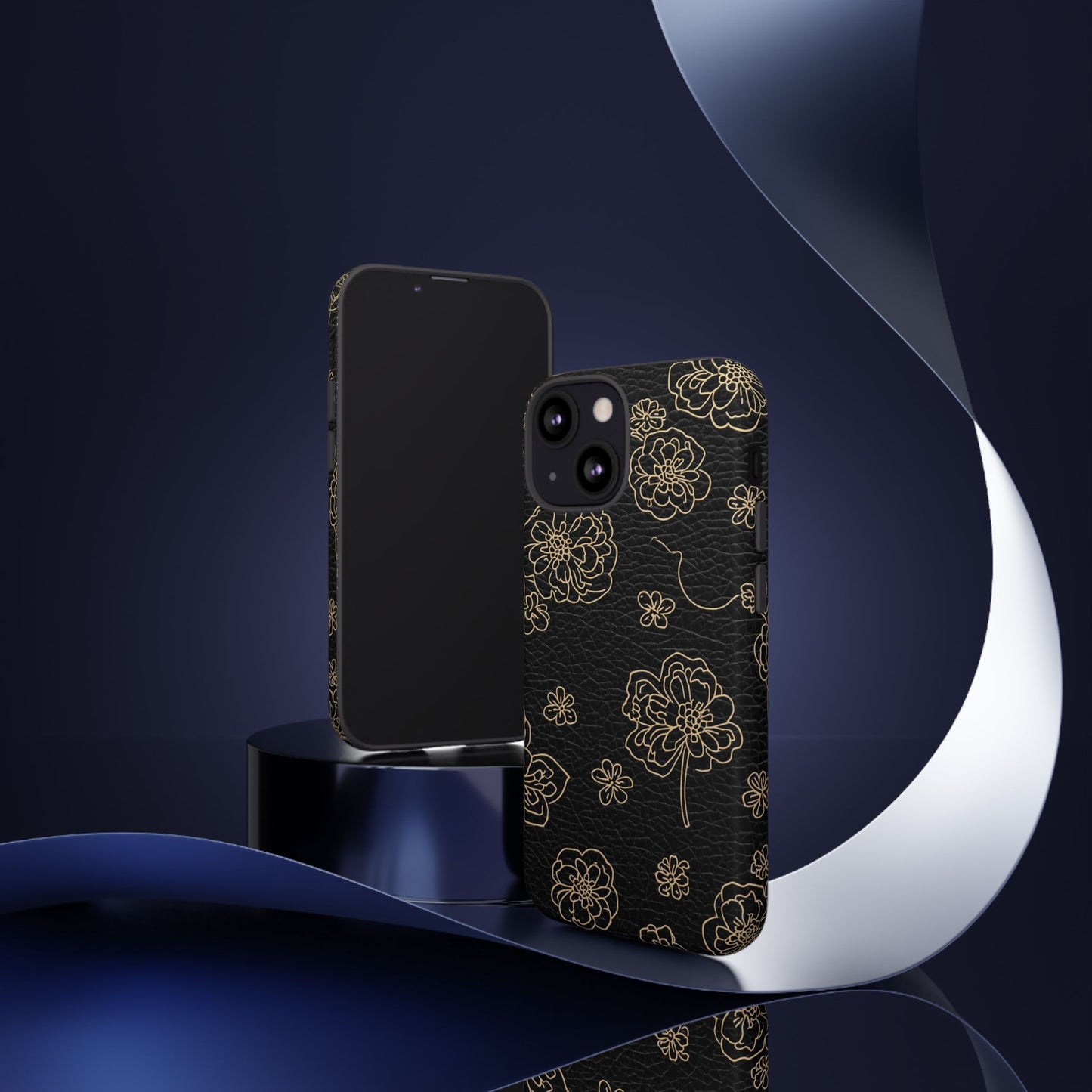 Floral Leather-Texture Tough Case – Black Gold Outline Phone Cover