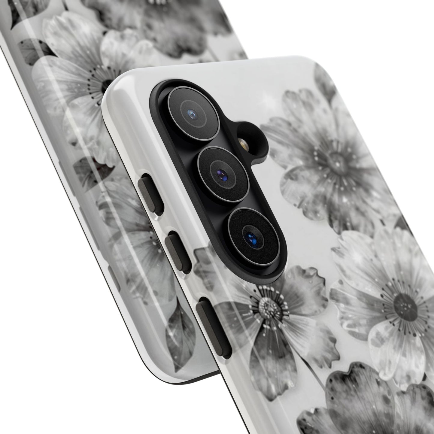 Floral Monochrome Tough Phone Case — Black & White Watercolor Flowers Protective Cover