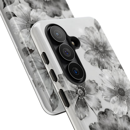 Floral Monochrome Tough Phone Case — Black & White Watercolor Flowers Protective Cover
