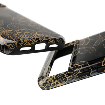 Floral Gold Outline Tough Phone Case – Black Botanical Protective Cover
