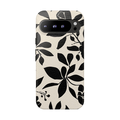 Black Floral Pattern Phone Case — Monochrome Botanical Tough Case