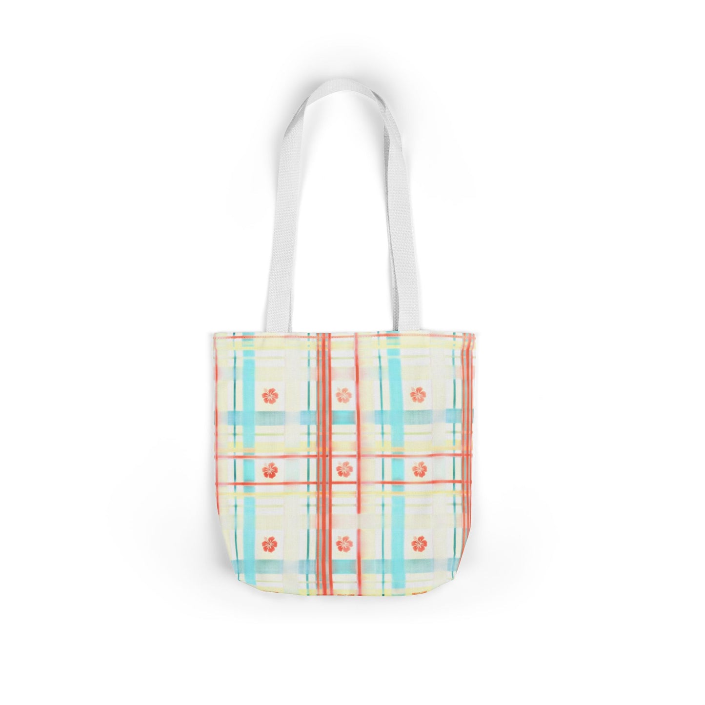 Floral Pastel Plaid Tote Bag — Canvas Shoulder Bag with Colorful Straps