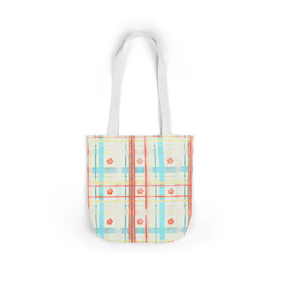 Floral Pastel Plaid Tote Bag — Canvas Shoulder Bag with Colorful Straps