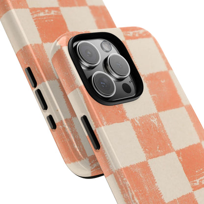Peach Checkerboard Tough Phone Case — Retro Distressed Grid Design